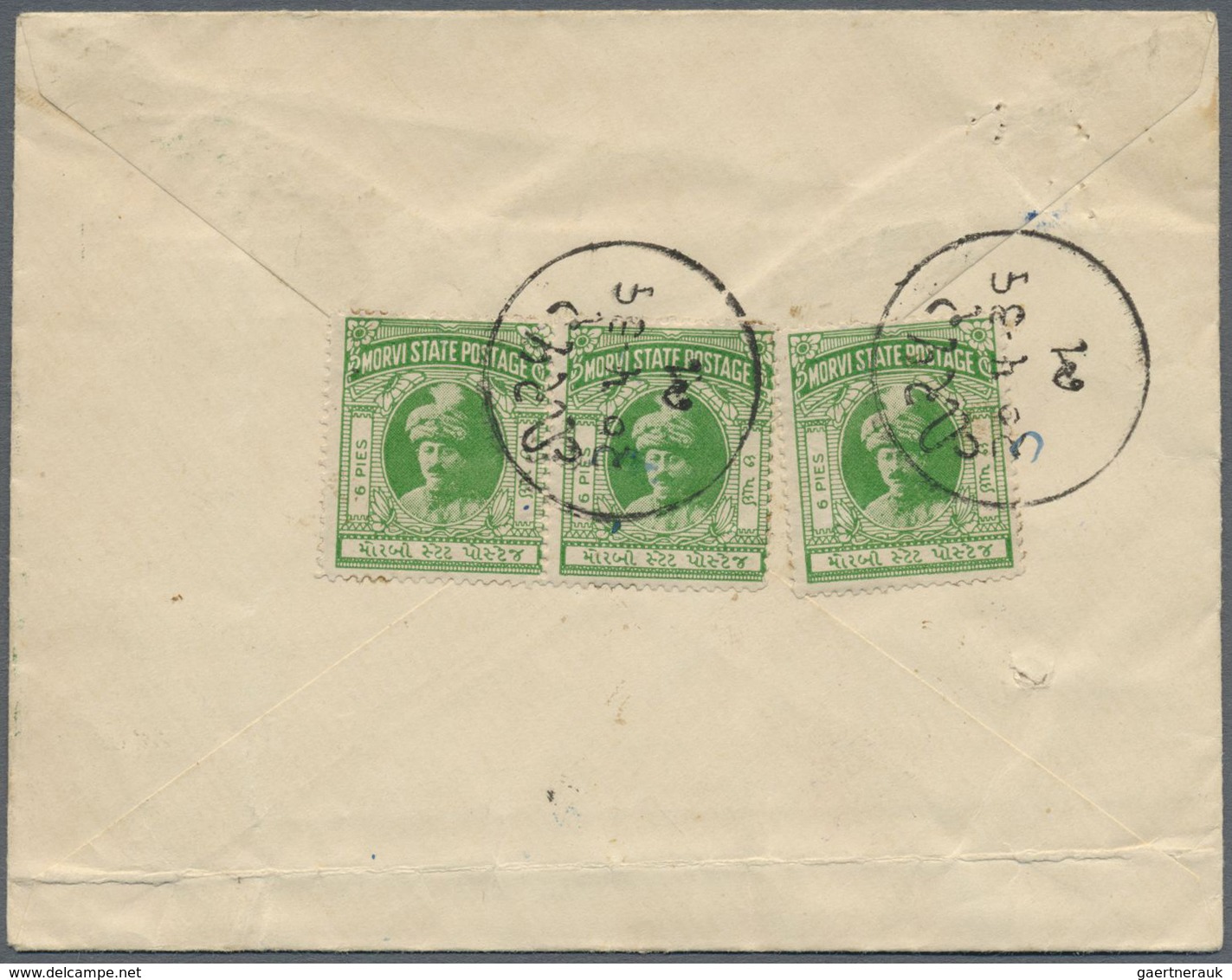 GA Indien - Feudalstaaten: MORVI 1934: Two Postal Stationery Envelopes 6p. Green (diff. Shades) Used Re - Other & Unclassified