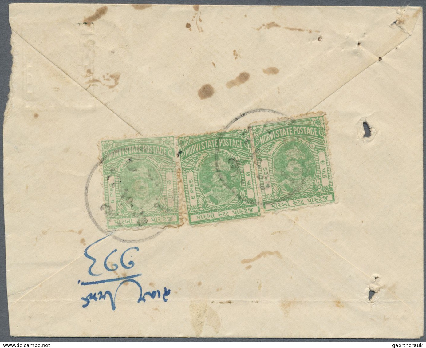 GA Indien - Feudalstaaten: MORVI 1934: Two Postal Stationery Envelopes 6p. Green (diff. Shades) Used Re - Andere & Zonder Classificatie