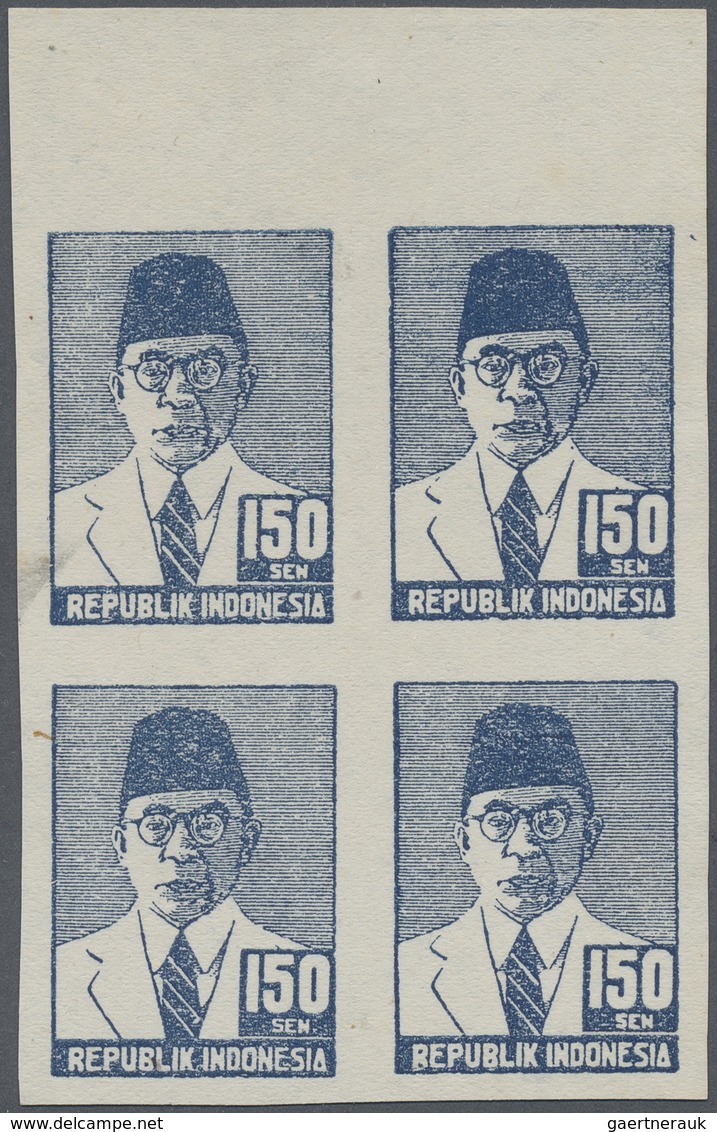 (*) Indonesien - Vorläufer: 1946 (ca.), 150 Sen Blue, An Imperforated Top Margin Block-4, Unused No Gum - Indonesië