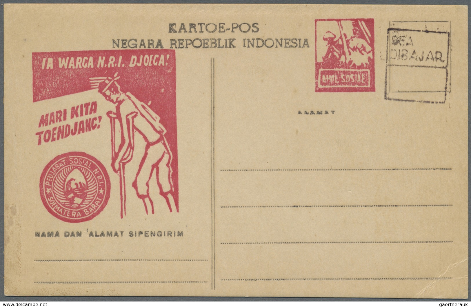 GA Indonesien - Vorläufer: 1946 (ca.), West Sumatra, Stationery Card With Boxed "BEA/DIBAJAR" Hs., Unus - Indonesia