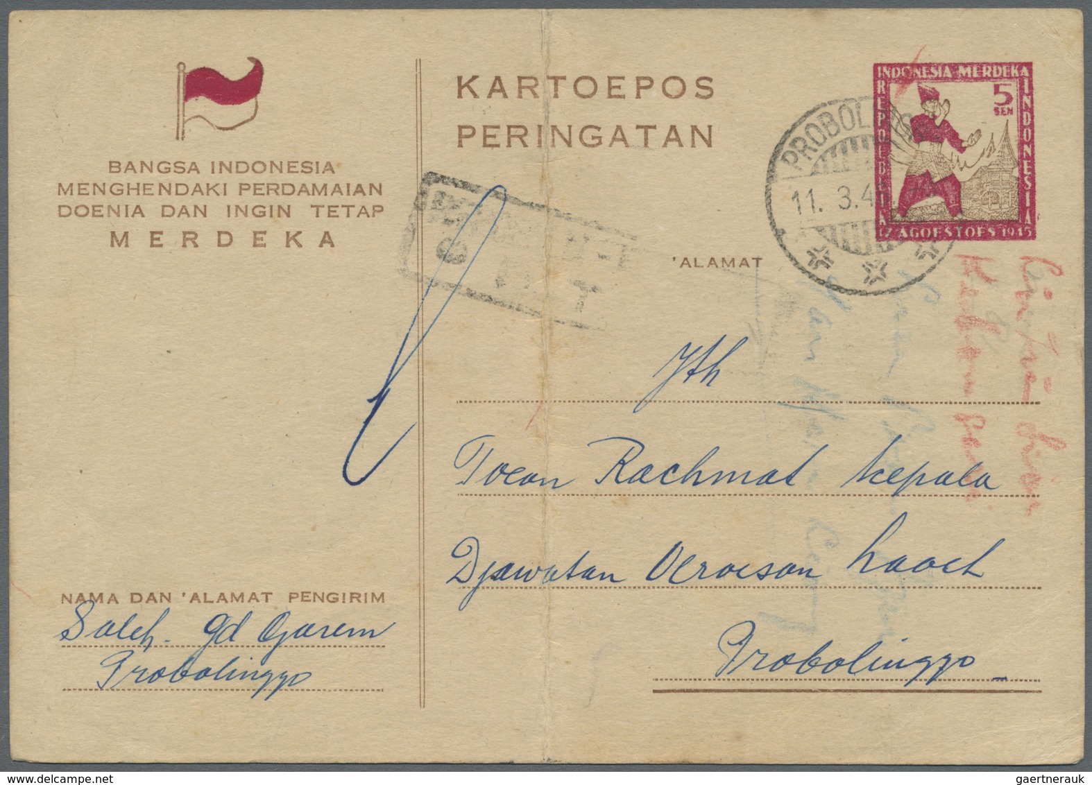 GA Indonesien - Vorläufer: 1946, Two Stationery Cards 5 S. (crease) Or 10 S. Used; Plus Japanese Occupa - Indonesië