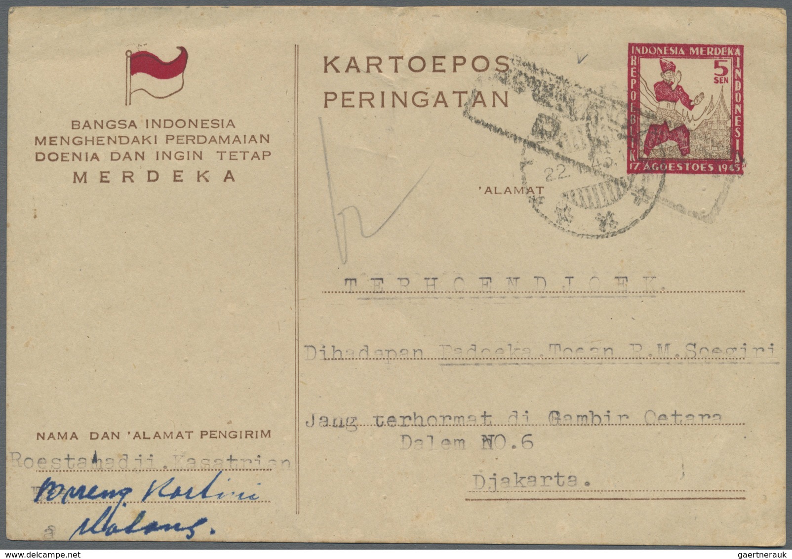 GA Indonesien - Vorläufer: 1946/47, Three Different Stationery Cards: 5 S. "Peneak" Large Size (crease) - Indonesië