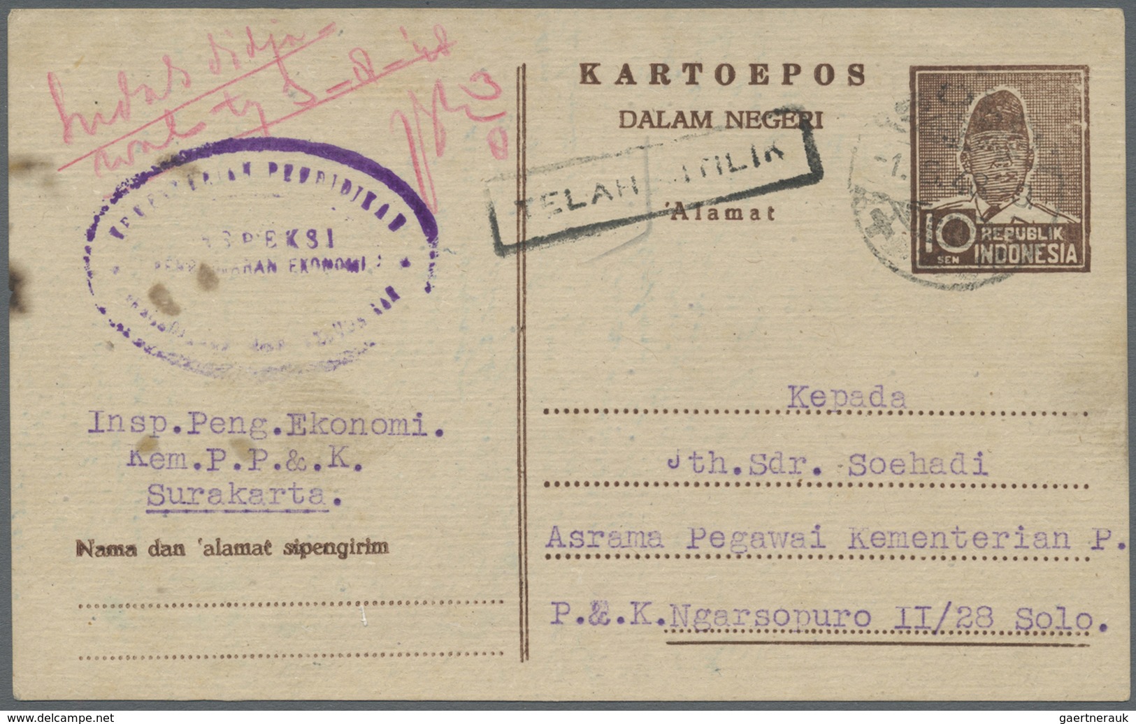 GA Indonesien - Vorläufer: 1946/47, Three Different Stationery Cards: 5 S. "Peneak" Large Size (crease) - Indonesia