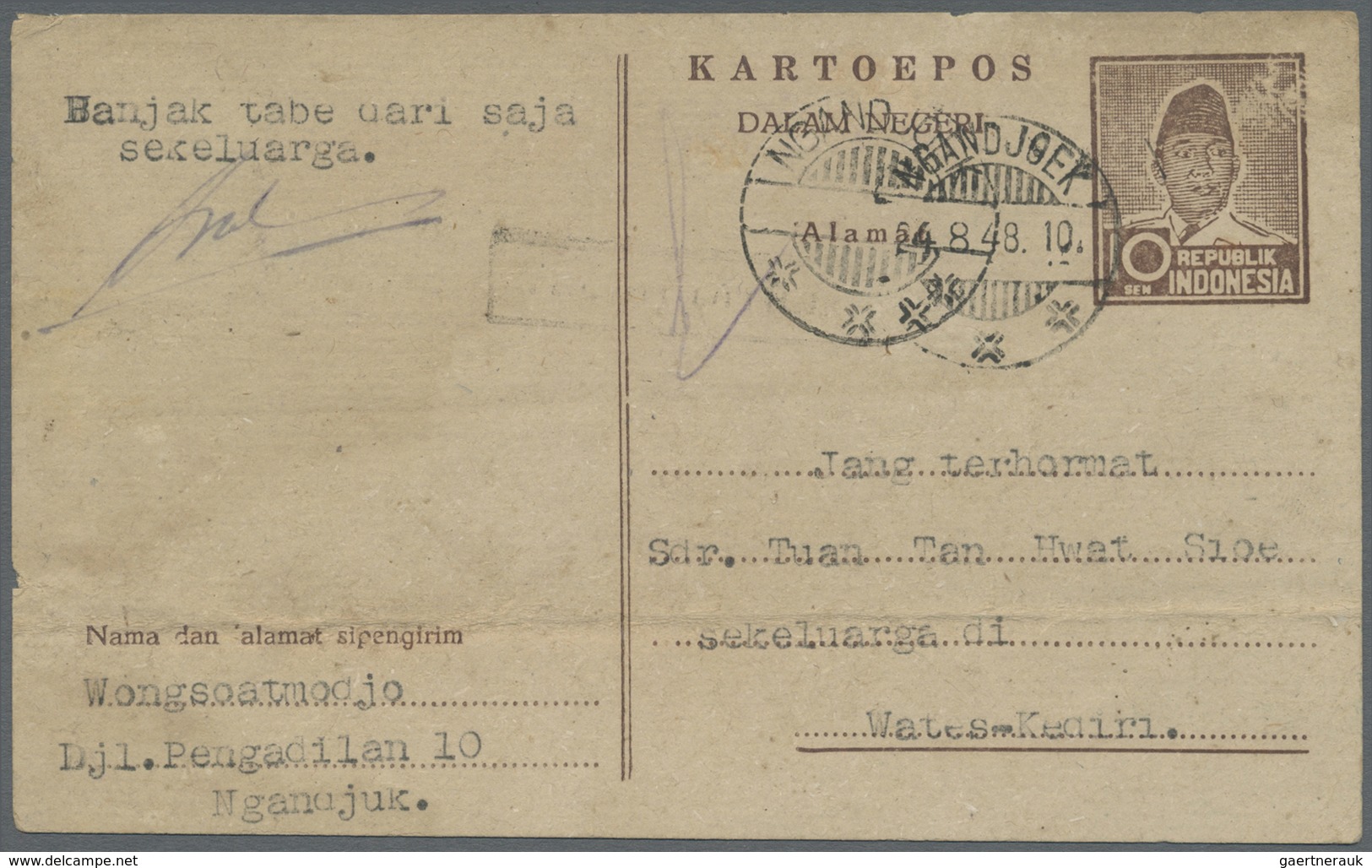 GA Indonesien - Vorläufer: 1948, Stationery Card 10 S. Brown Canc.  "NGANDJOEK 4.8.48" To Kediri, Creas - Indonesië