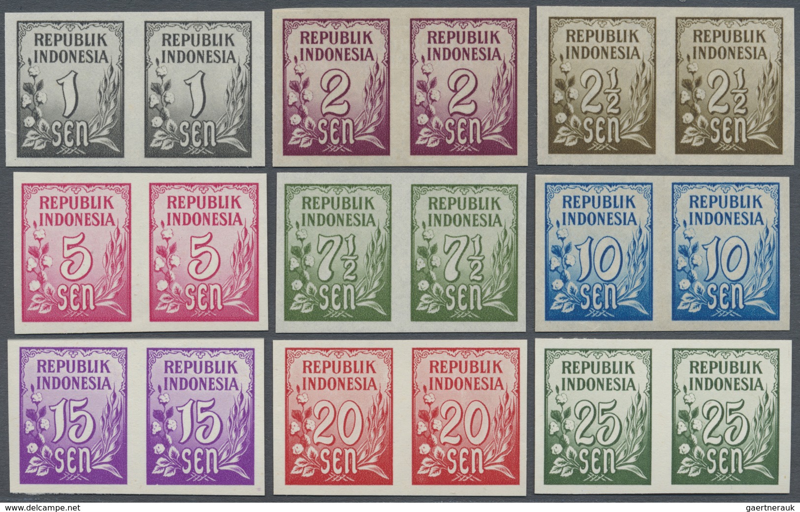 (*) Indonesien: 1951, Definitives Cipher/Cotton, 1 Sen. To 25 Sen., 9 Values As Imperf. Proofs In Horiz. - Indonesia