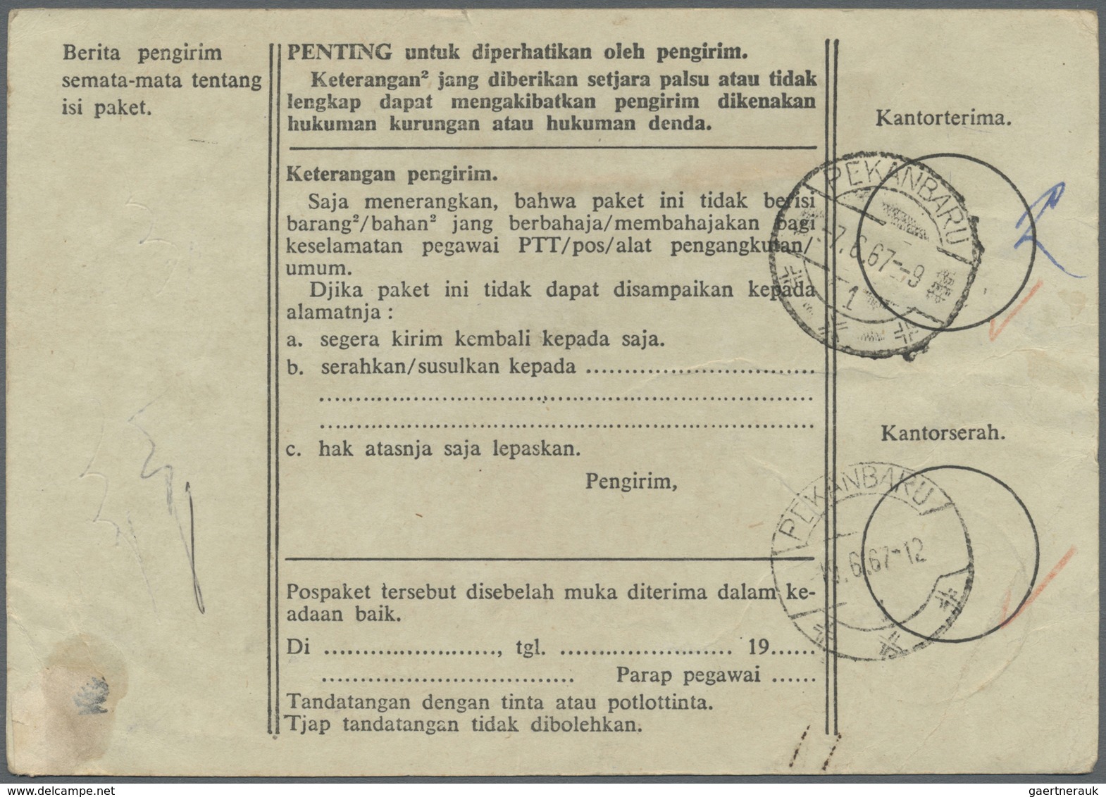 Br Indonesien: 1967, Two Stampless Parcel Cards (Kartualamat) With "postage Paid" Markings, Used TARAKA - Indonesië