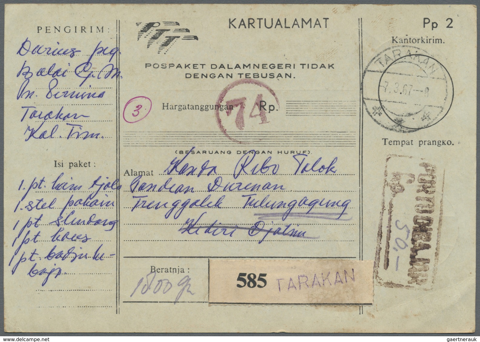 Br Indonesien: 1967, Two Stampless Parcel Cards (Kartualamat) With "postage Paid" Markings, Used TARAKA - Indonesië