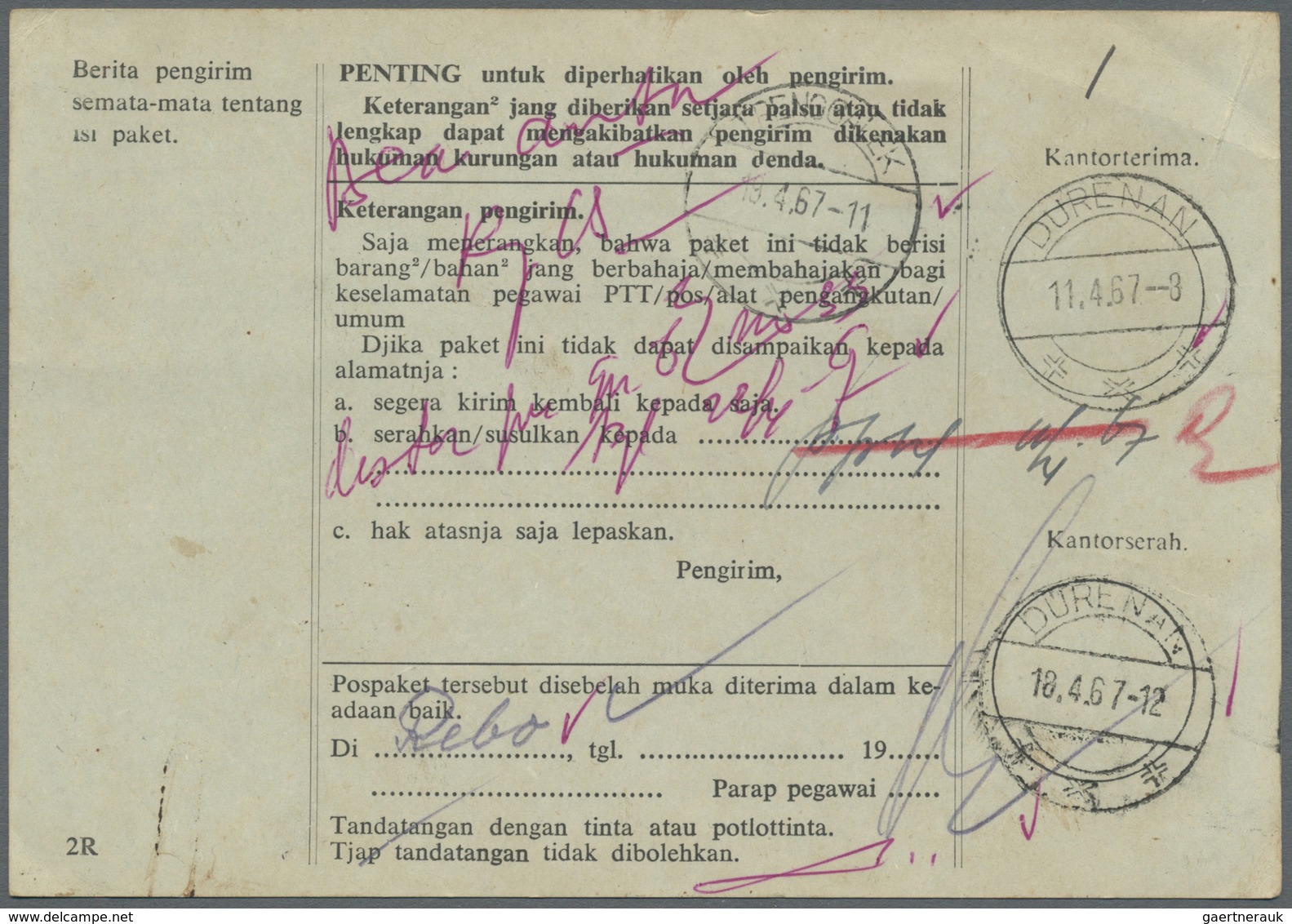 Br Indonesien: 1967, Two Stampless Parcel Cards (Kartualamat) With "postage Paid" Markings, Used TARAKA - Indonesië