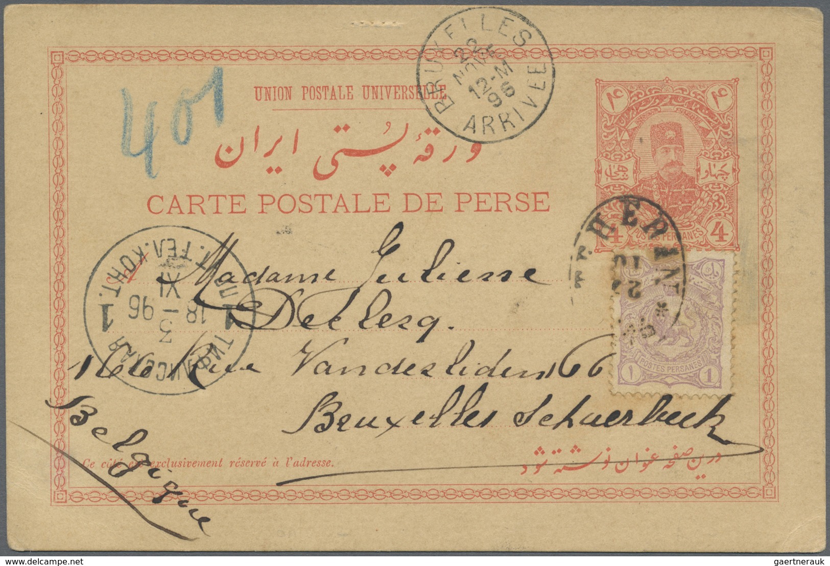 GA Iran: 1896-1902, Two Used Postal Stationery Cards Addressed To Netherlands And Belgium With Arrival - Iran