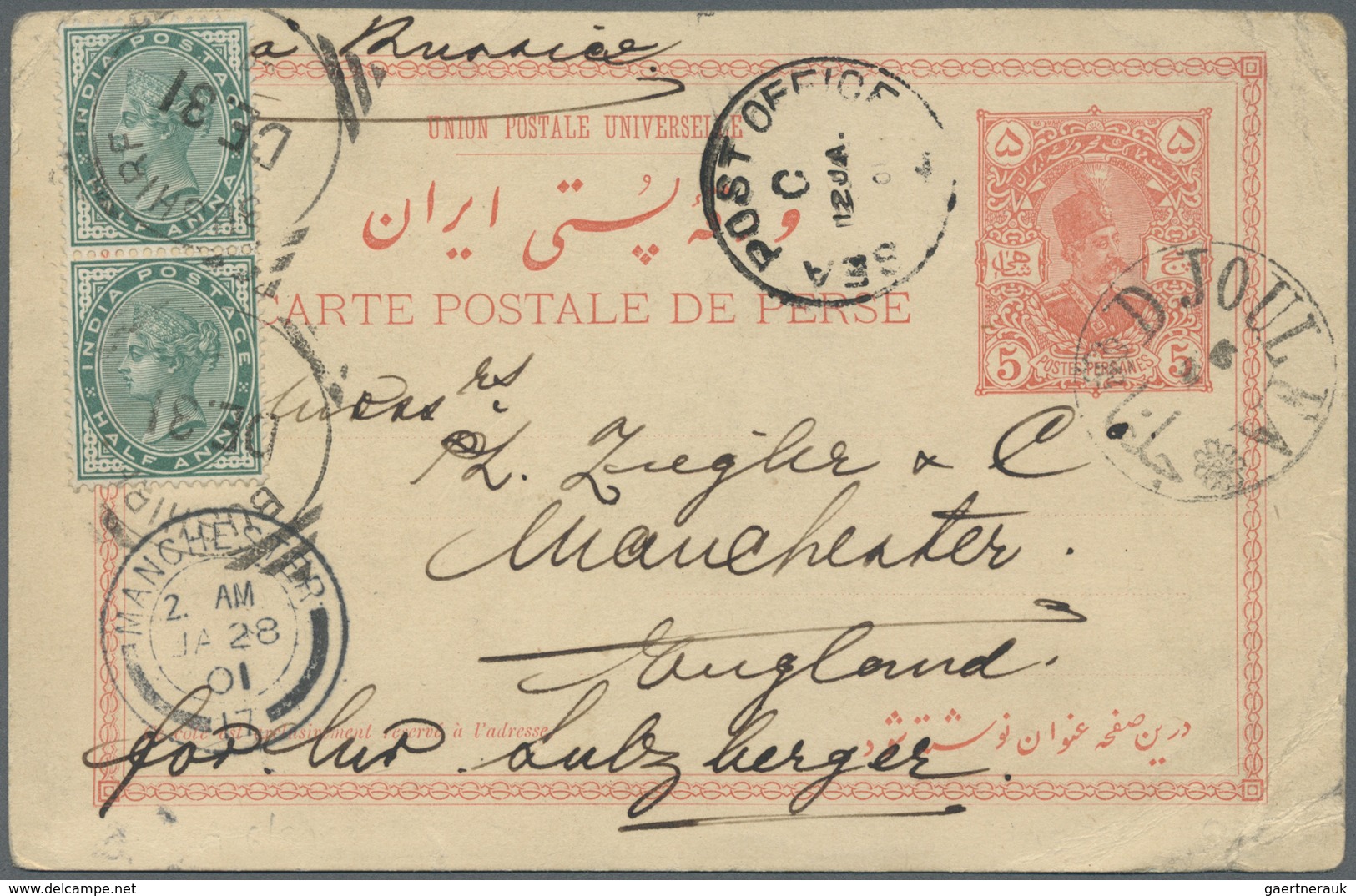 GA Iran: PERSIA 1900. Persian Illustrated (boy Playing Cricket) Postal Stationery Card 5ch Rose Cancell - Iran
