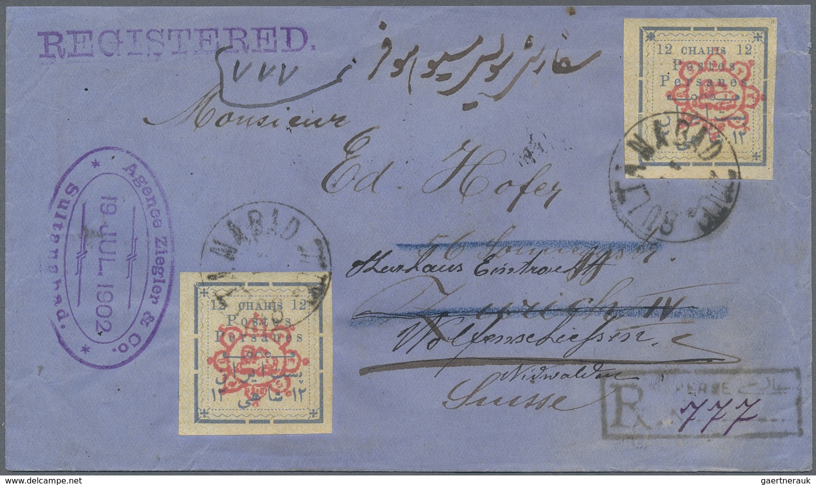 Br Iran: 1902. Registered Envelope Addressed To Switzerland Bearing Yvert 152, 12c Blue (2) Tied By Sul - Iran