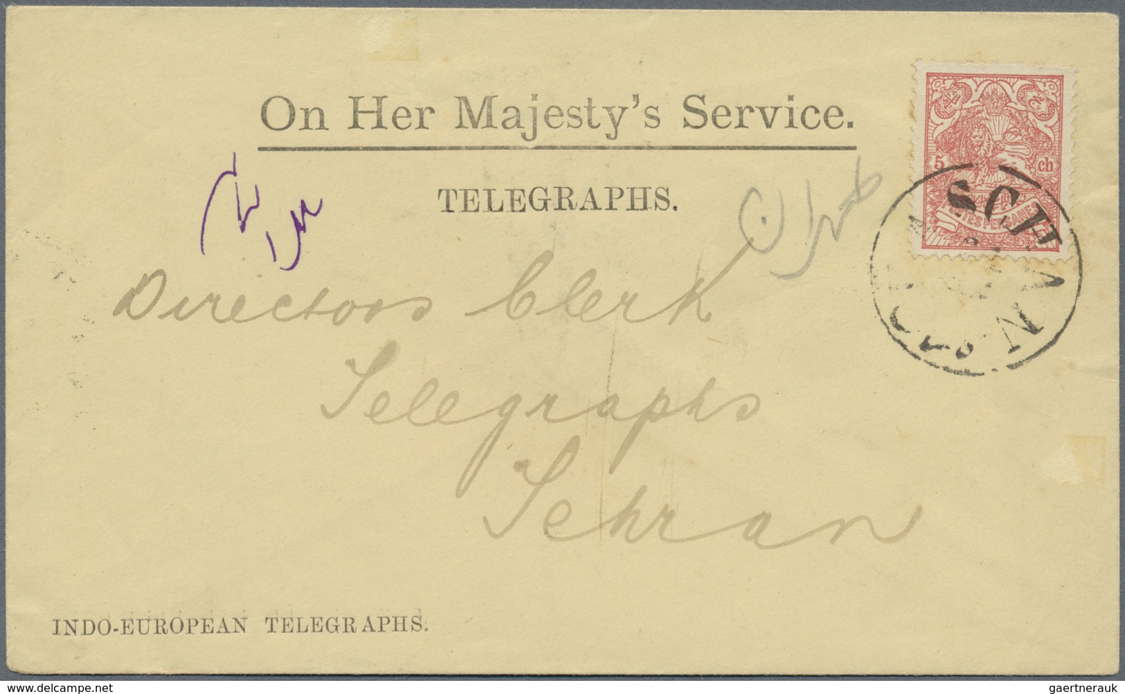 Br Iran: 1903-04 5 Ch. Rose Tied By KASCHAN Cds On Envelope "ON HER MAJESTY'S SERVICE TELEGRAPHS / INDO - Iran