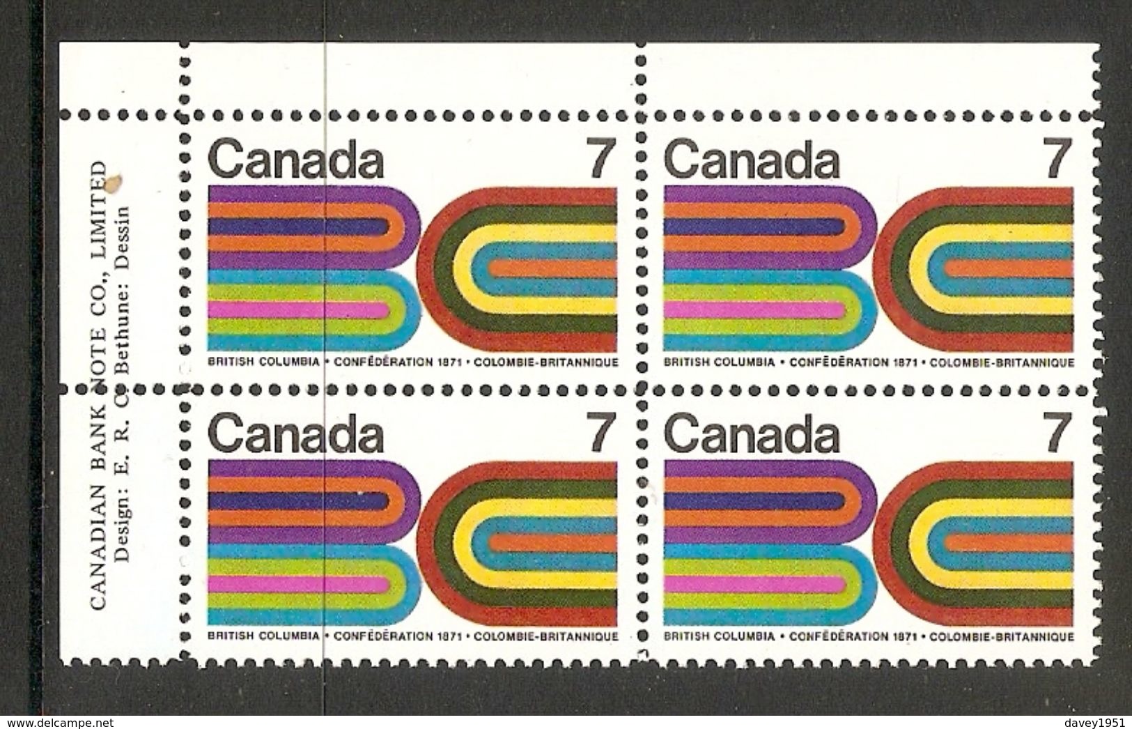 006314 Canada 1971 British Columbia 7c Plate Block UL MNH - Plate Number & Inscriptions