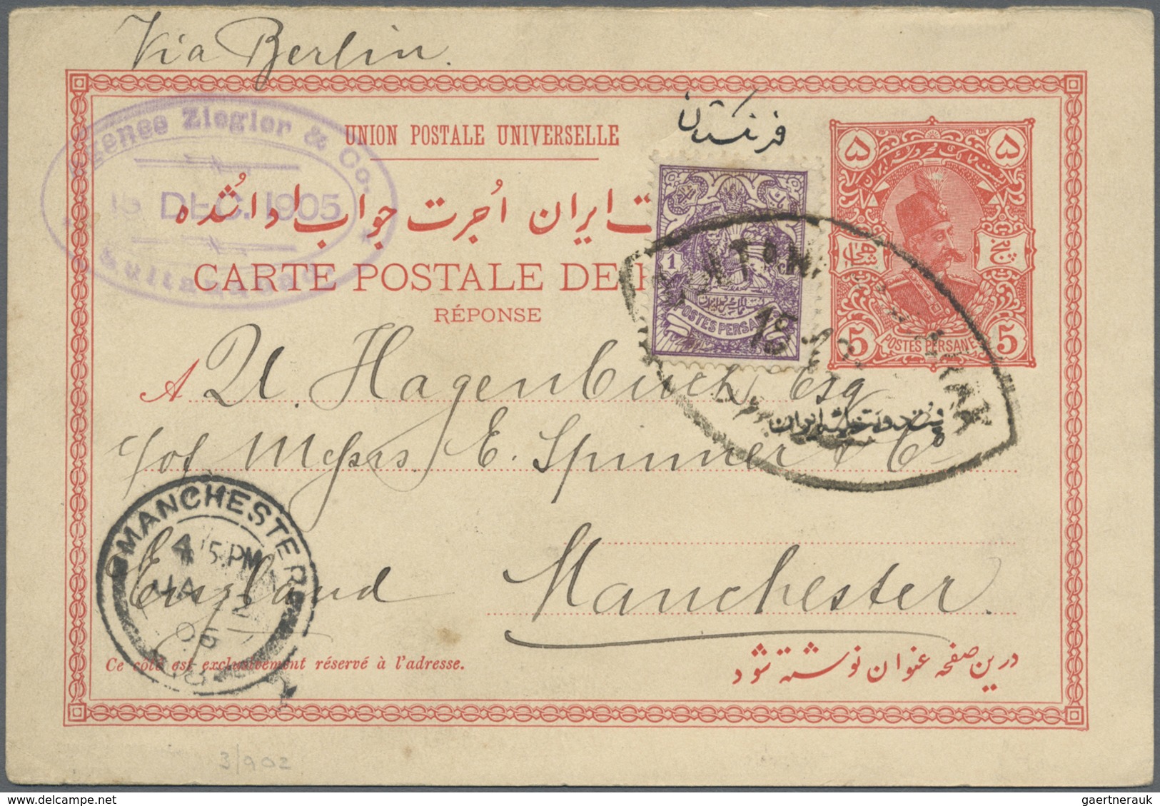 GA Iran: 1906-13, Two Uprated Used Postal Stationery Cards, Both Addressed To England, On With Arrival - Iran