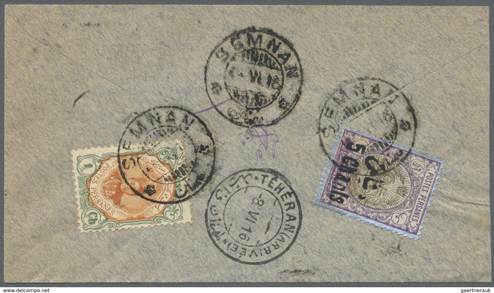 Br Iran: 1916, Provisional Issue 5 Ch. On 1 K. And 1 Ch. Together On Cover From "SEMNAN 4/6/16" Cds. To - Iran