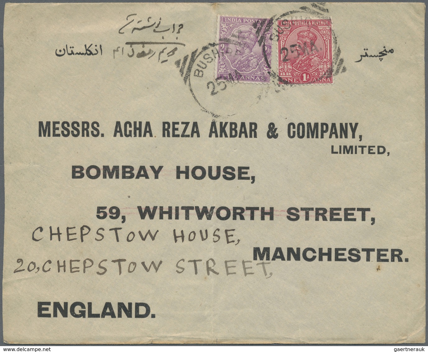 Br Iran: 1923. Envelope Addressed To Manchester Bearing India SG 159, 1a Rose And SG 166, 2a Purple Tie - Iran