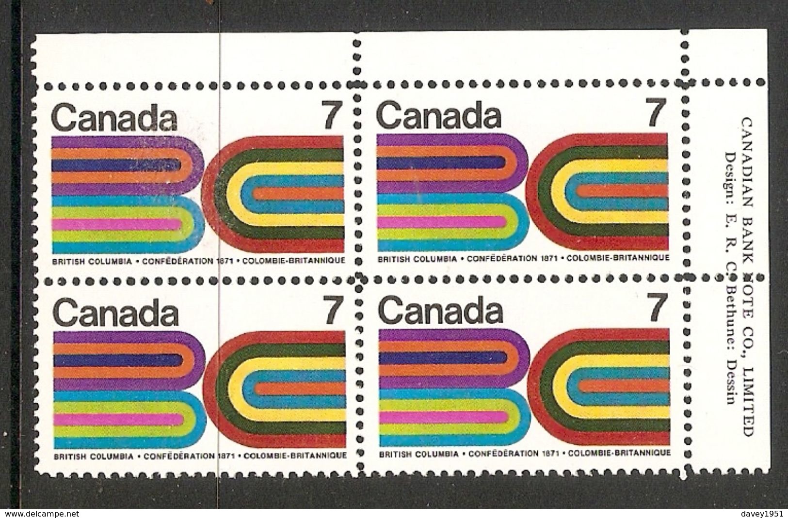 006315 Canada 1971 British Columbia 7c Plate Block UR MNH - Plate Number & Inscriptions