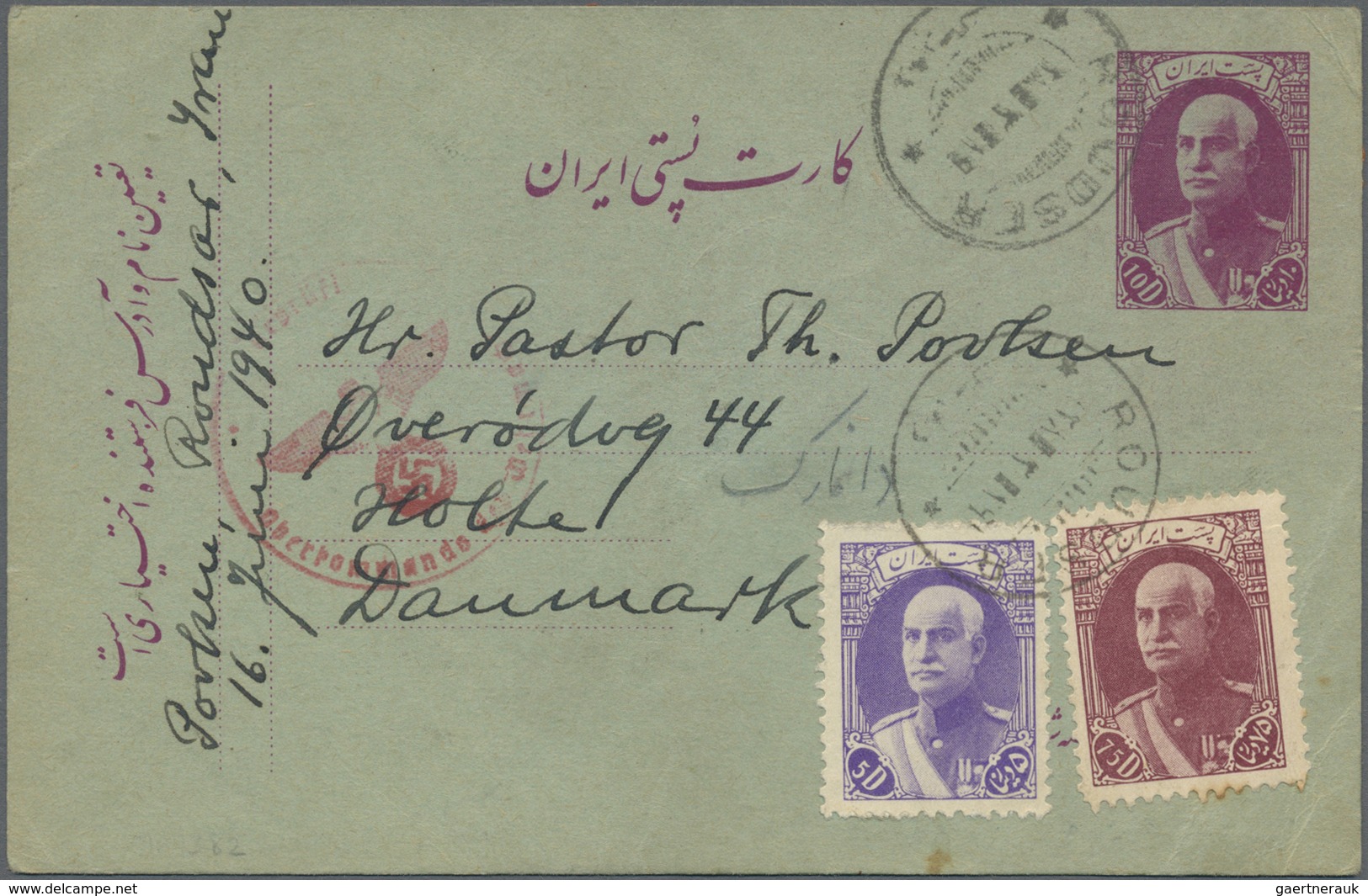 GA Iran: 1940, 10 D. Violet On Green Postal Stationery Card Used Uprated With 5 D. Bright Violet And 75 - Iran