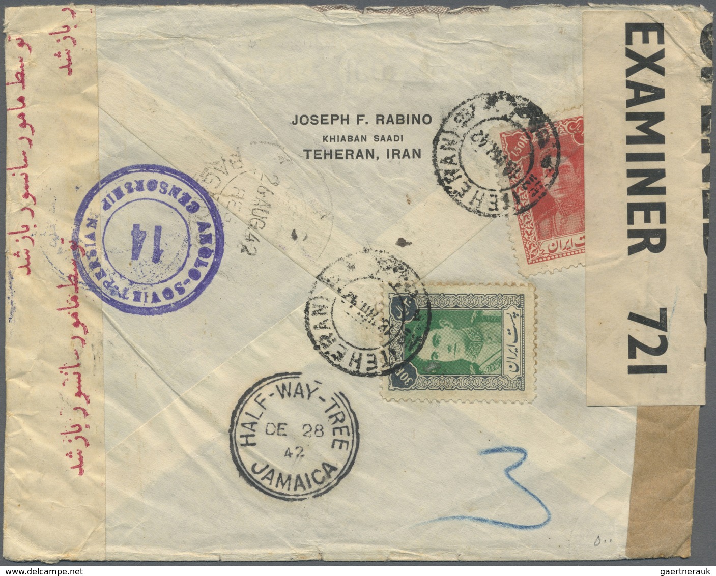 Br Iran: 1942, Commercial Cover From Teheran To Kingston Jamaica, 1,50 R And 30 R. Clear Cancelled, Cen - Iran