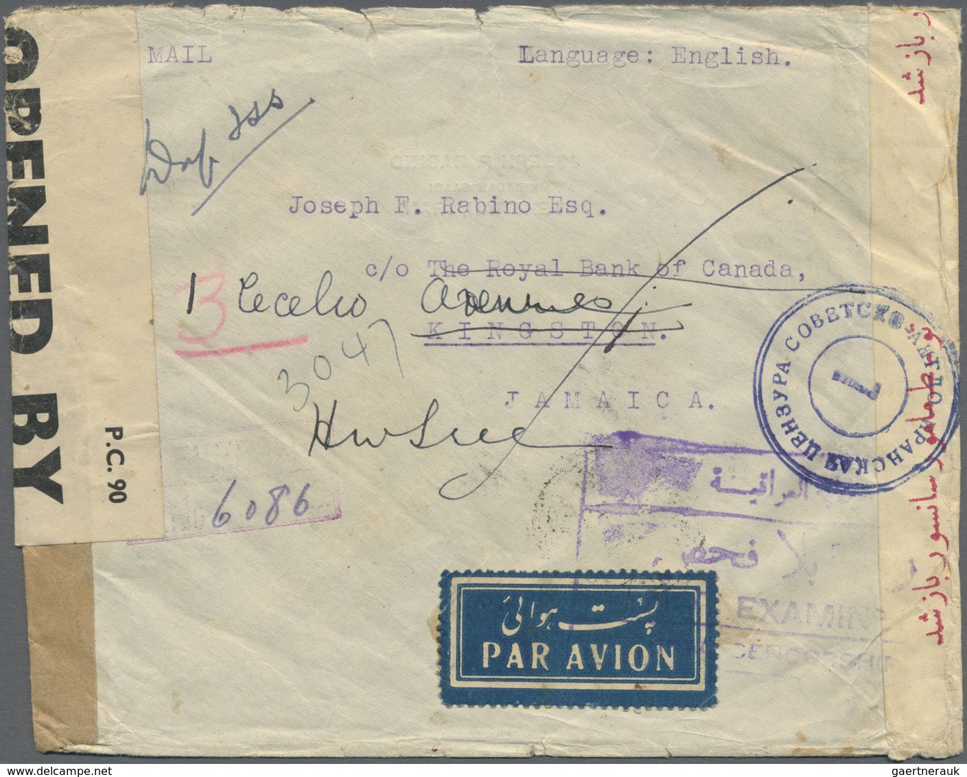 Br Iran: 1942, Commercial Cover From Teheran To Kingston Jamaica, 1,50 R And 30 R. Clear Cancelled, Cen - Iran