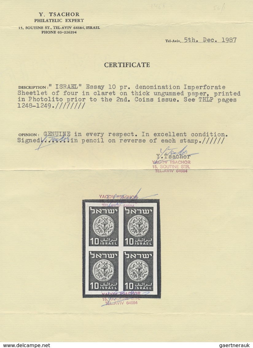 (*) Israel: 1949. Essay 10pr Denomination. Imperforate Block Of 4 In Claret On Thick Ungummed Paper, Pri - Andere & Zonder Classificatie