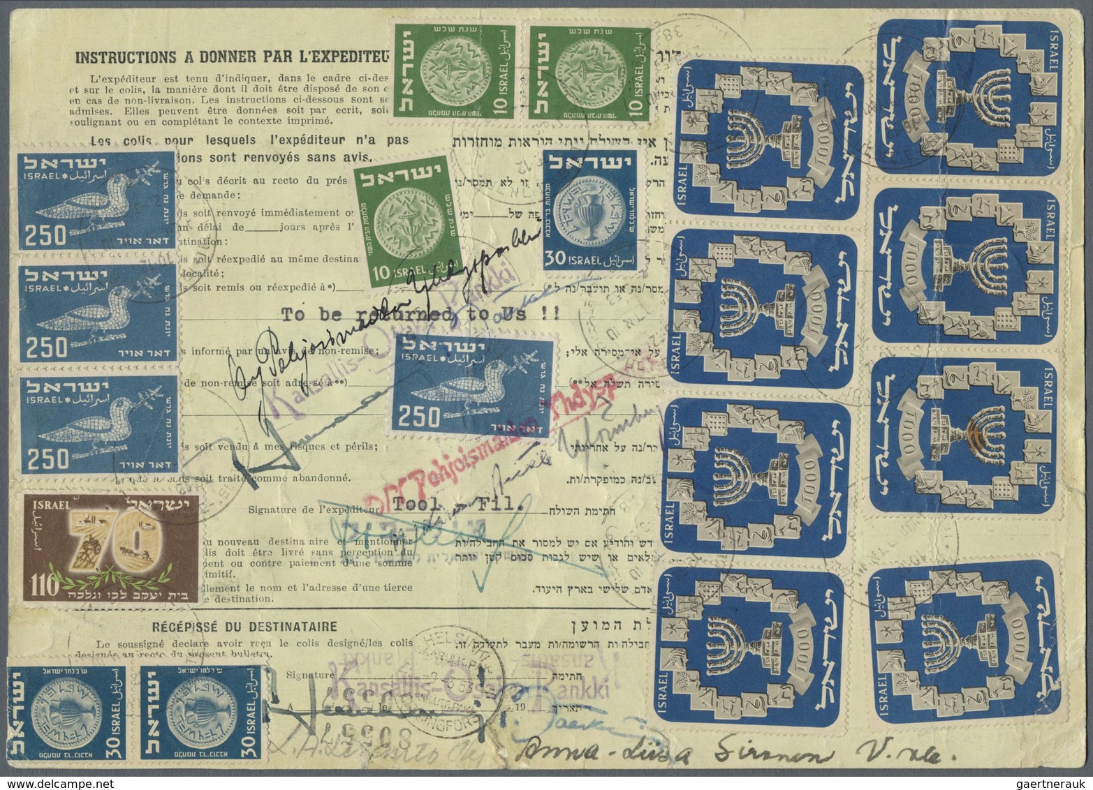 Br Israel: 1952, 1000pr. Menorah, Eleven Copies In Combination With Other Adhesives On Front And On Rev - Andere & Zonder Classificatie