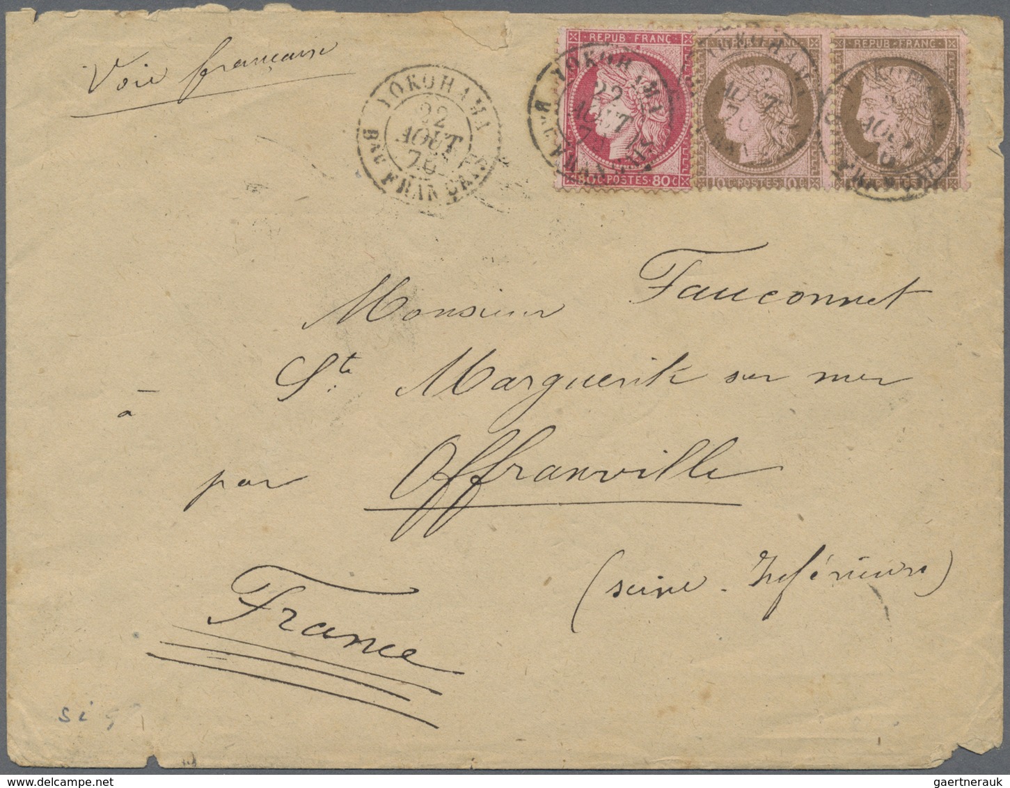 Br Japan: 1876, FRENCH P.O., Cover Bearing Ceres Horiz. Pair 10c. Brown On Rose And Single 80c. Carmine - Andere & Zonder Classificatie