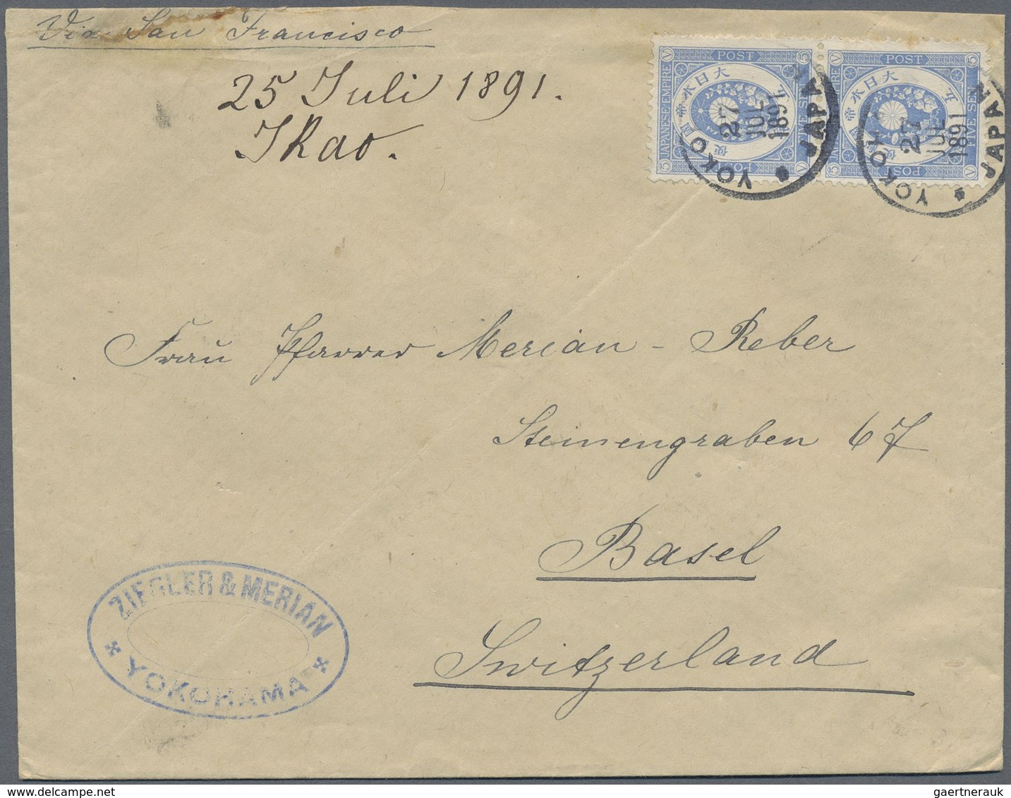 Br Japan: 1883/88,  Merian Correspondence: Two Covers To Basel/Switzerland, UPU-Koban 5 S. Pair Tied 4- - Other & Unclassified