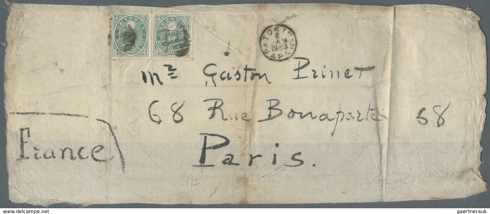 Br Japan: 1888. Rice Paper Wrapper Addressed To Gaston Pinet, Paris Bearing 'Koban' SG 82, 4s Green (pa - Andere & Zonder Classificatie