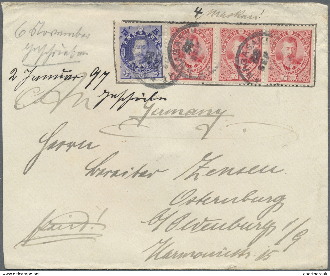 Br Japan: 1896, Princes 2 S. (strip-3) And 5 S. Tied "NAGASAKI 25 SEP 96" To Cover To Germany W. Arriva - Other & Unclassified