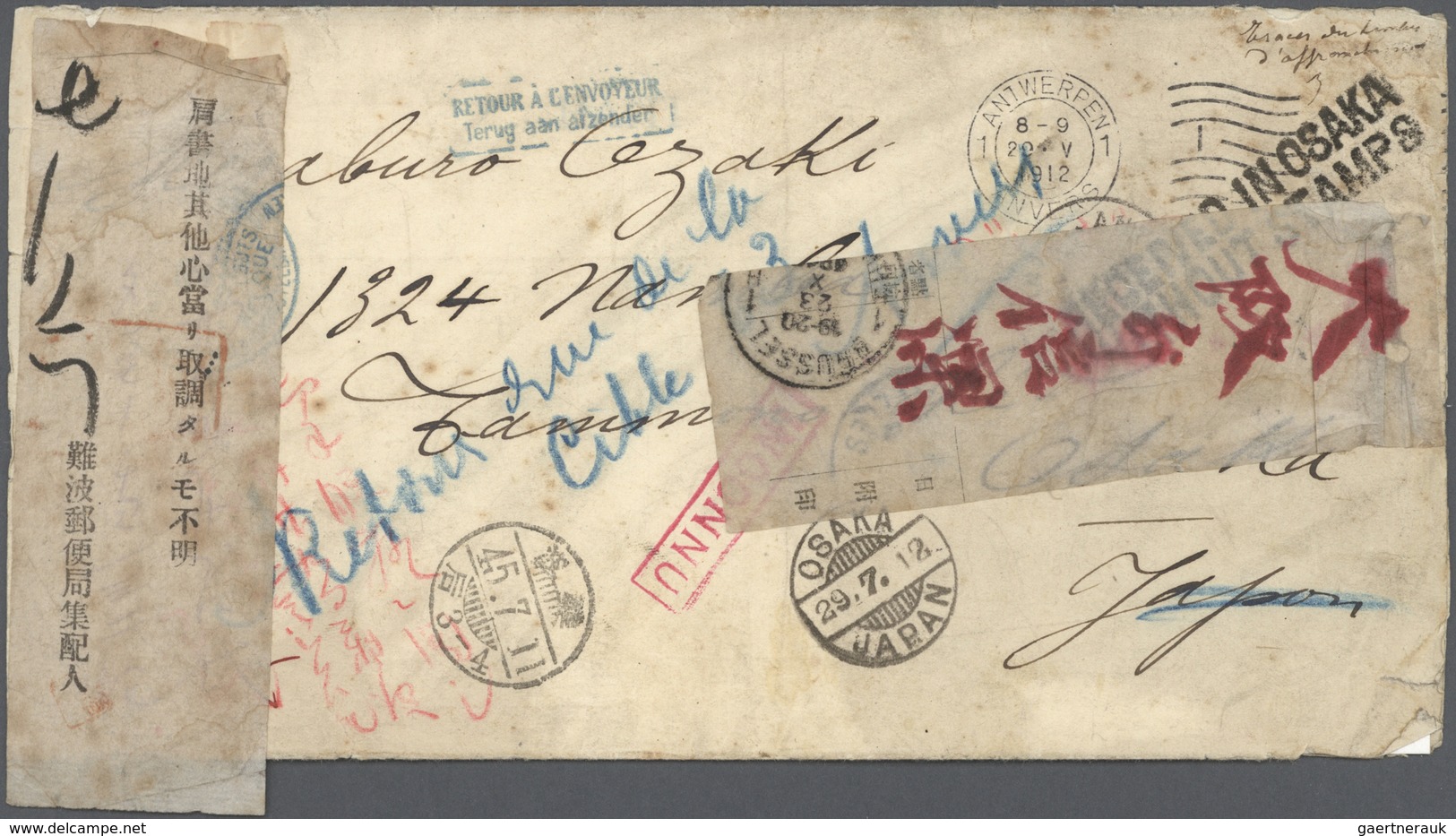 Br Japan: 1912. Stampless Envelope (some Spots And Opening Fault) Addressed To Osaka, Japan Written Fro - Other & Unclassified