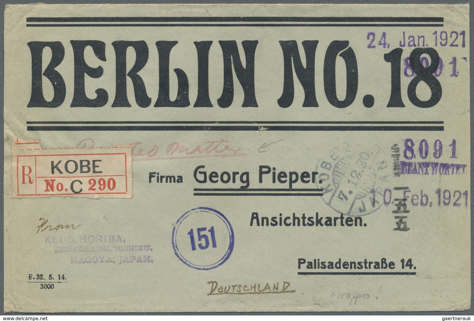 Br Japan: 1914, Tazawa 1/2 S. (3), 1 S. (2), 1/2 S.,  2 S. (2), 3 S. Tied "NAgoya 9.12.6" (Dec. 6, 1921 - Other & Unclassified