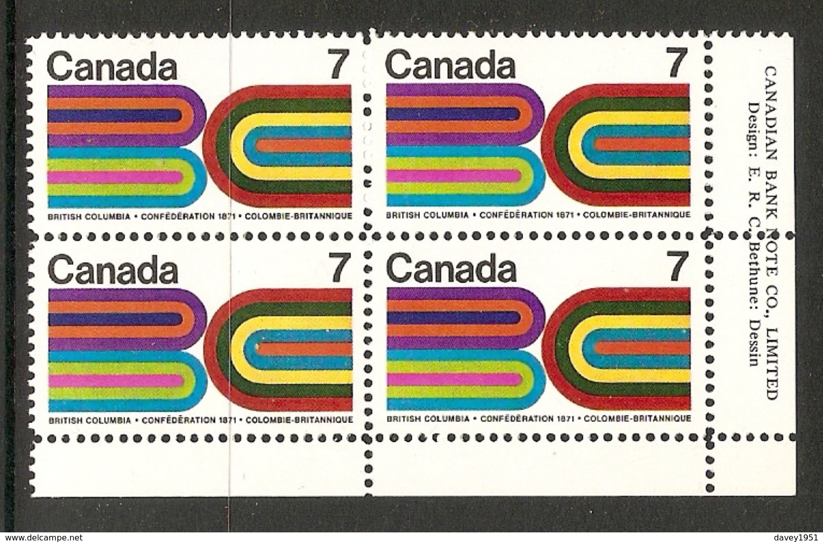 006316 Canada 1971 British Columbia 7c Plate Block LR MNH - Plate Number & Inscriptions