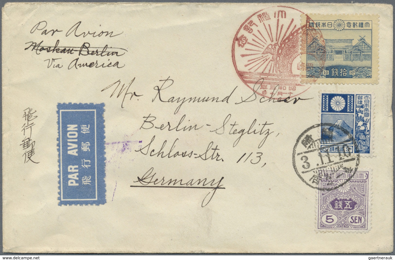 Japan: 1914/28, Coronation 10 S. Canc. Respective LCD With 15 S. Uprate For Airmail Canc. "Okazaki 3 - Andere & Zonder Classificatie