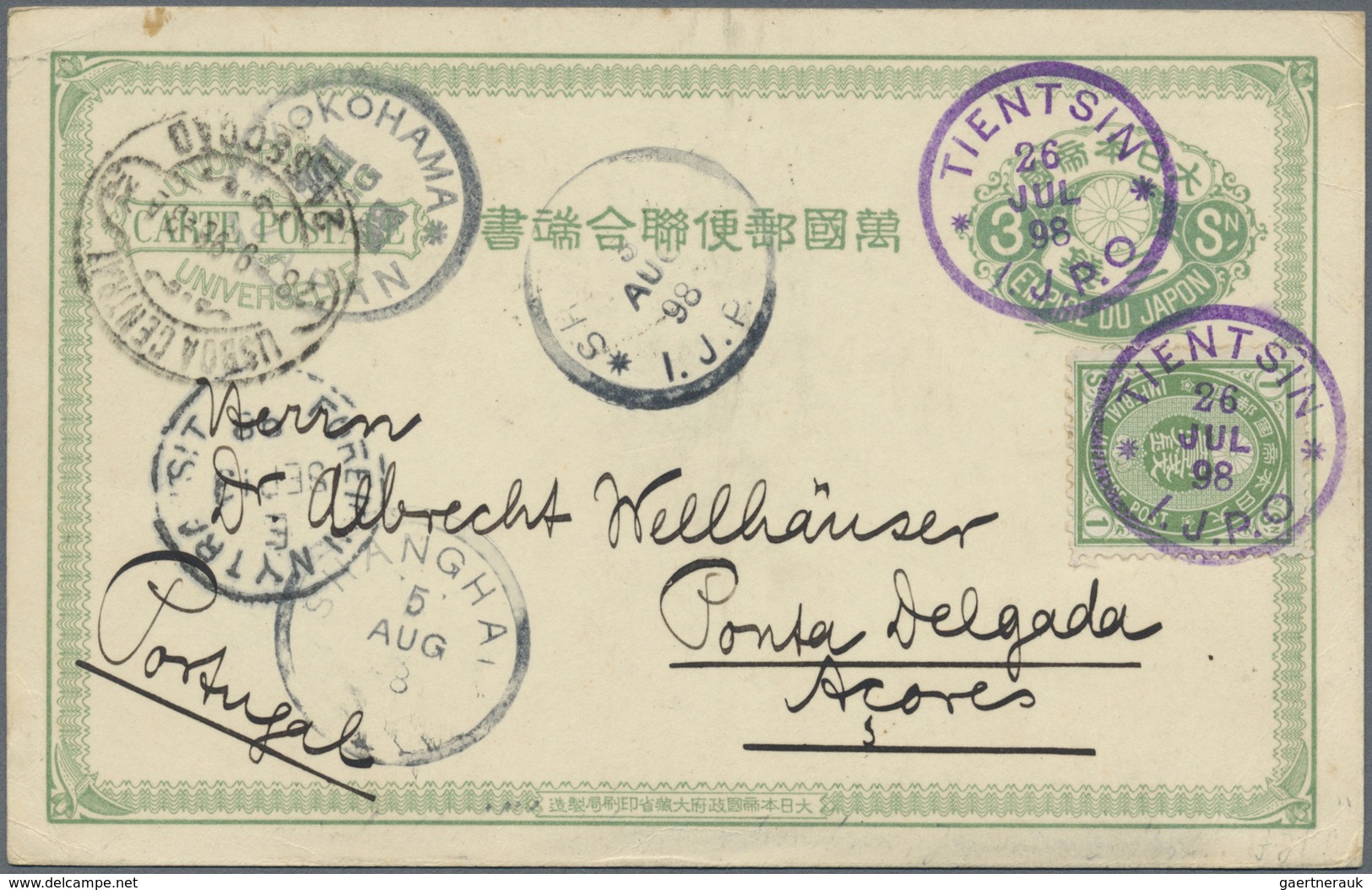 GA Japanische Post In China: 1892, Tientsin To Azores: UPU Card Thick Paper 3 S. Uprated UPU-Koban 1 S. - 1943-45 Shanghai & Nanking