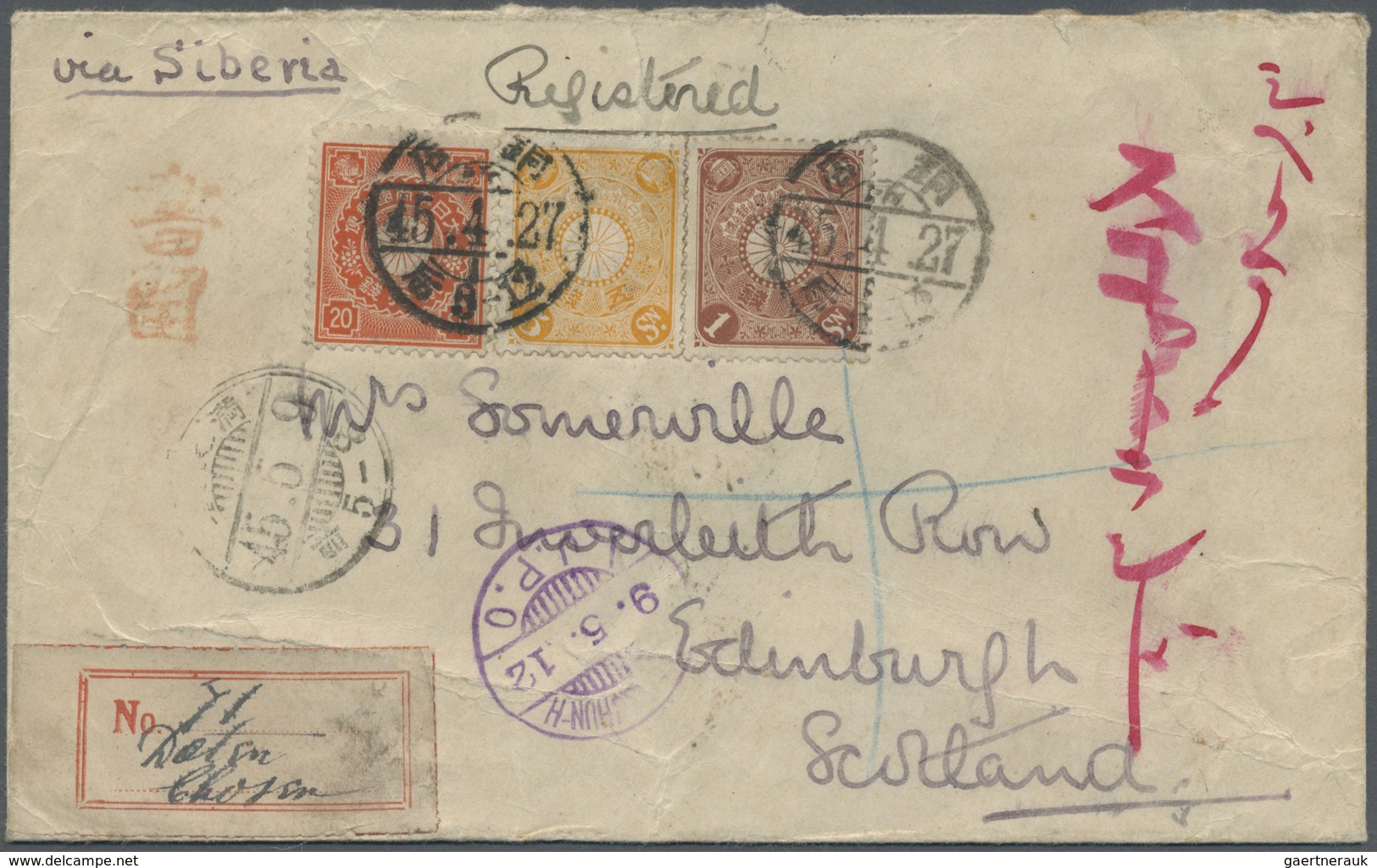 Br Japanische Post In Korea: 1912. Registered Envelope Addressed To Scotland Bearing Japan SG 134, 1s B - Militaire Vrijstelling Van Portkosten