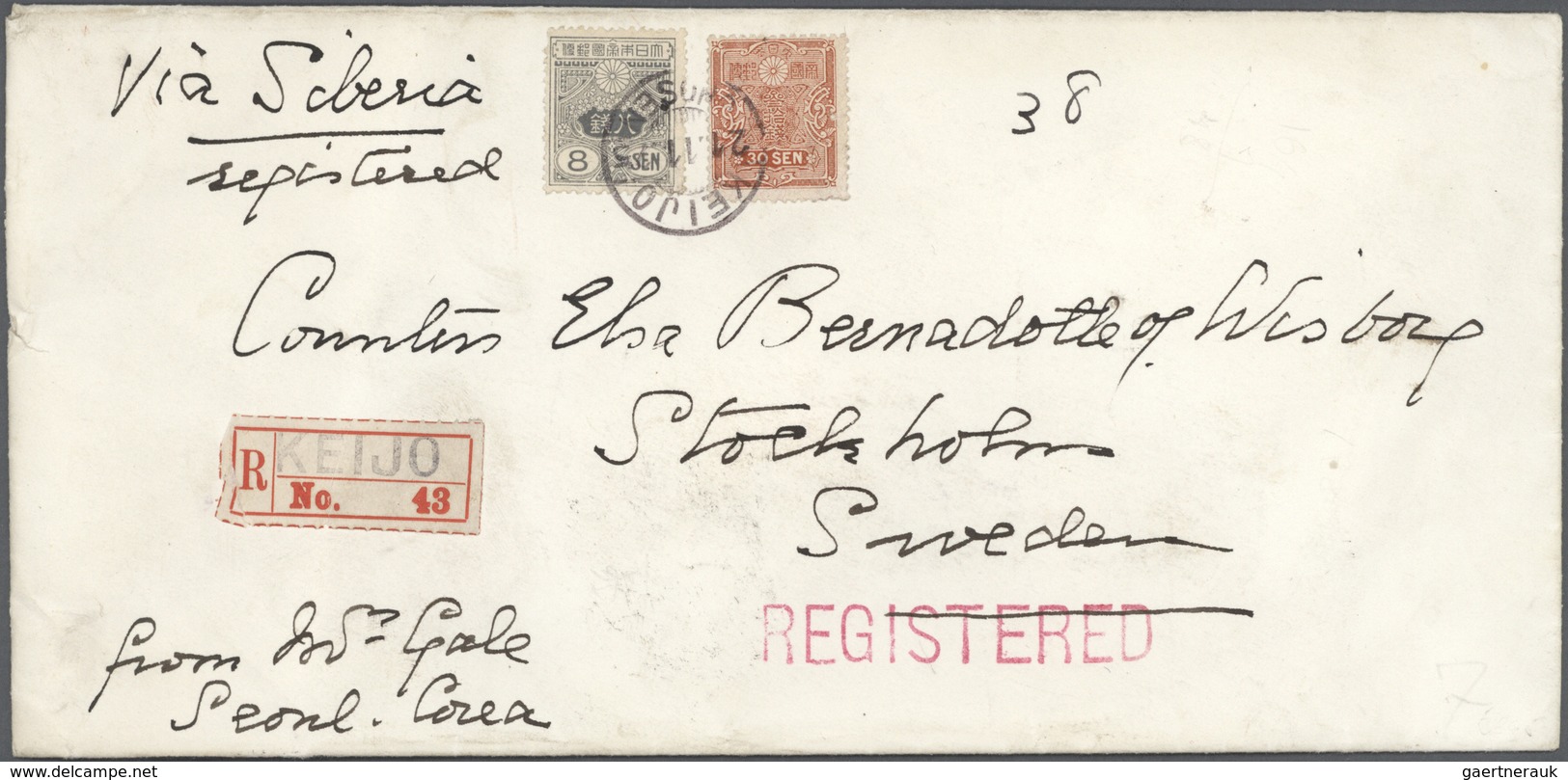 Br Japanische Post In Korea: 1925. Registered Envelope Written From Seoul Addressed To Sweden Bearing ' - Military Service Stamps