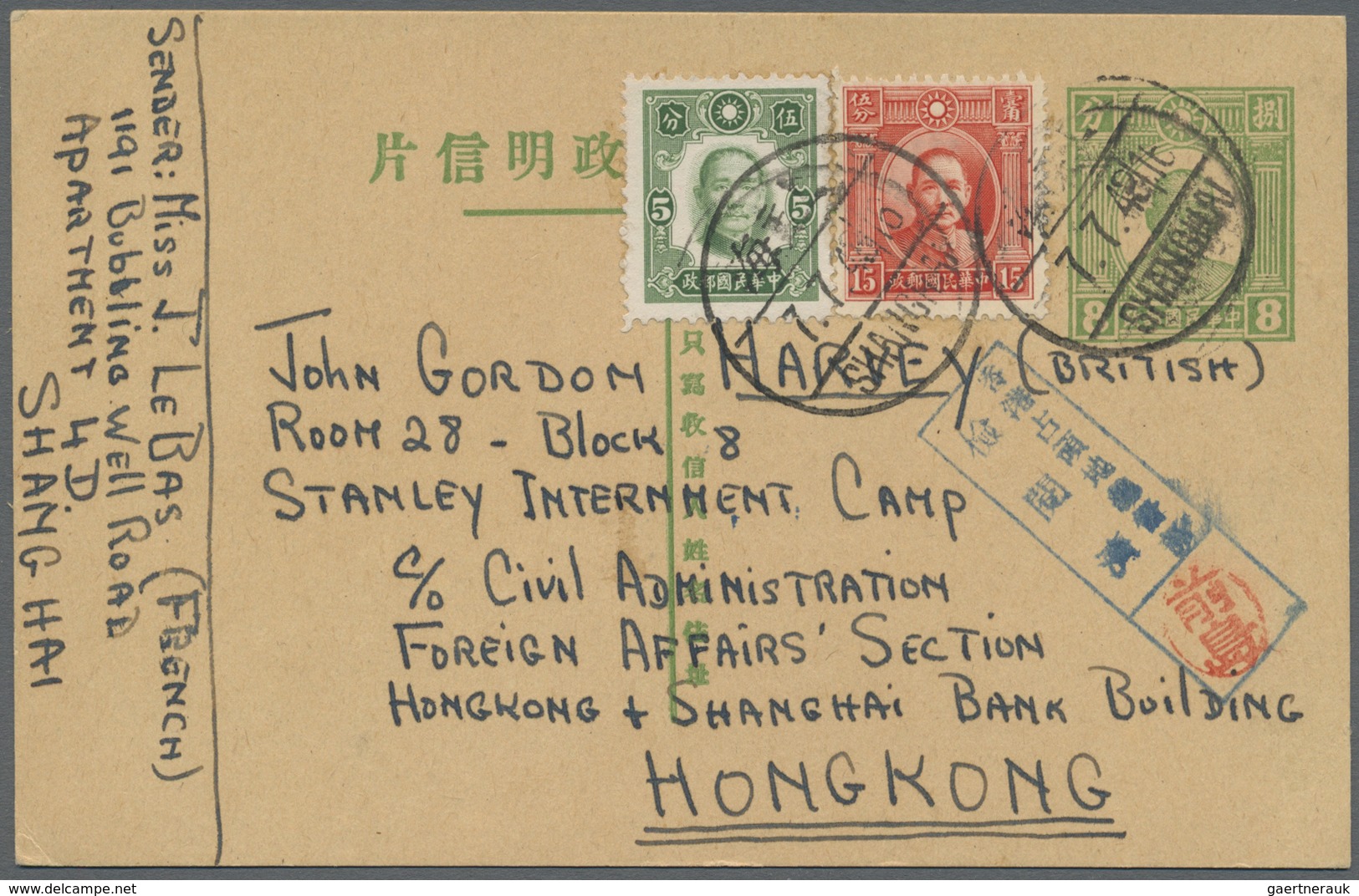 GA Japanische Besetzung  WK II - China - Zentralchina / Central China: 1943, Card SYS 8 C. Uprated 15 C - 1943-45 Shanghai & Nanking