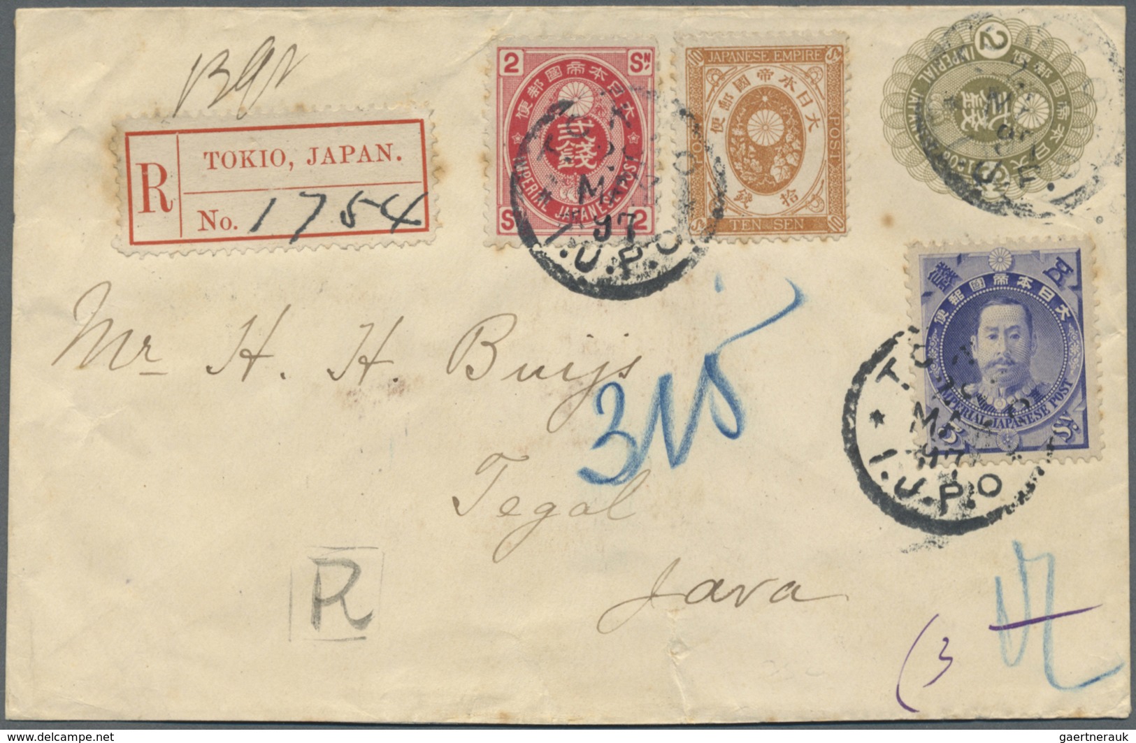 GA Japan - Ganzsachen: 1897. Registered Postal Stationery Envelope 2s Olive Upgraded With SG 113, 1s Gr - Postcards