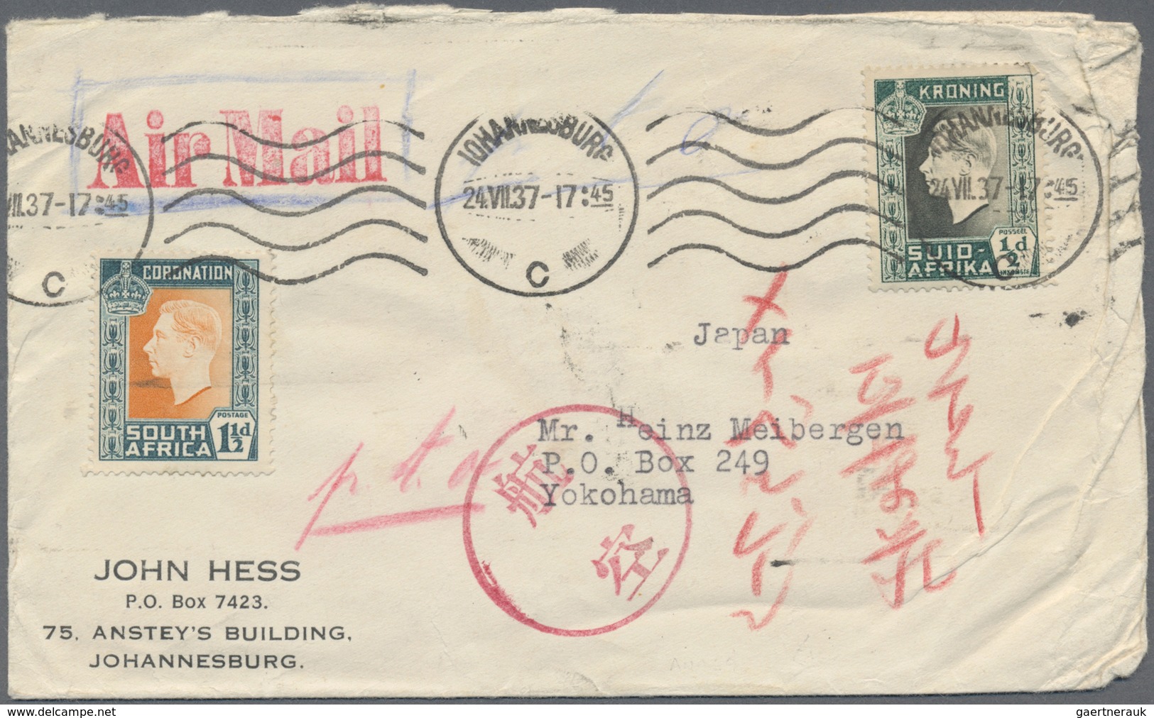 Br Japan - Besonderheiten: Incoming Mail, 1937/41, South Africa Resp. French Indochina Air Mail Covers - Other & Unclassified