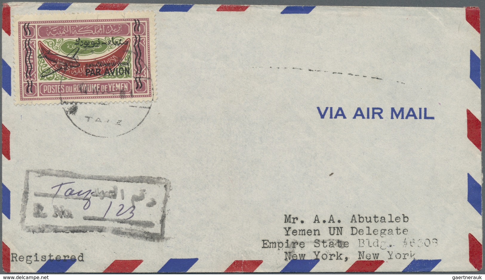 Br Jemen: 1947, Prince's Flight To United Nations, 1i. With Black Overprint On 1951 Registered Airmail - Yemen