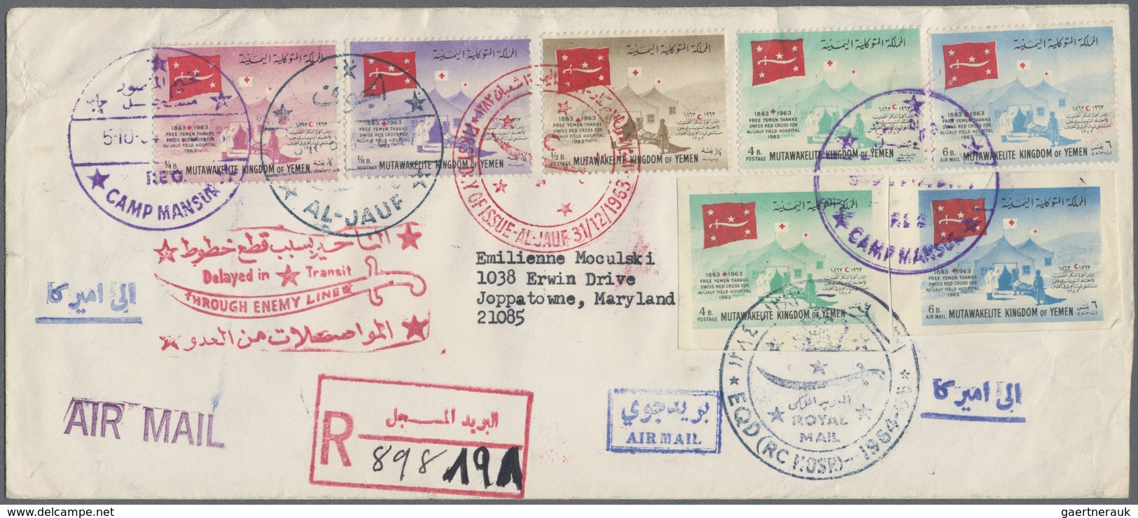 Br Jemen - Königreich: 1964 (5.10.), Registered Airmail Cover Bearing 9 Different Stamps Incl. Red Cros - Yemen