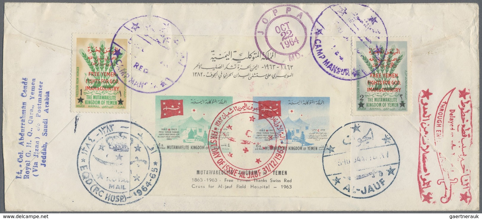 Br Jemen - Königreich: 1964 (5.10.), Registered Airmail Cover Bearing 9 Different Stamps Incl. Red Cros - Yemen