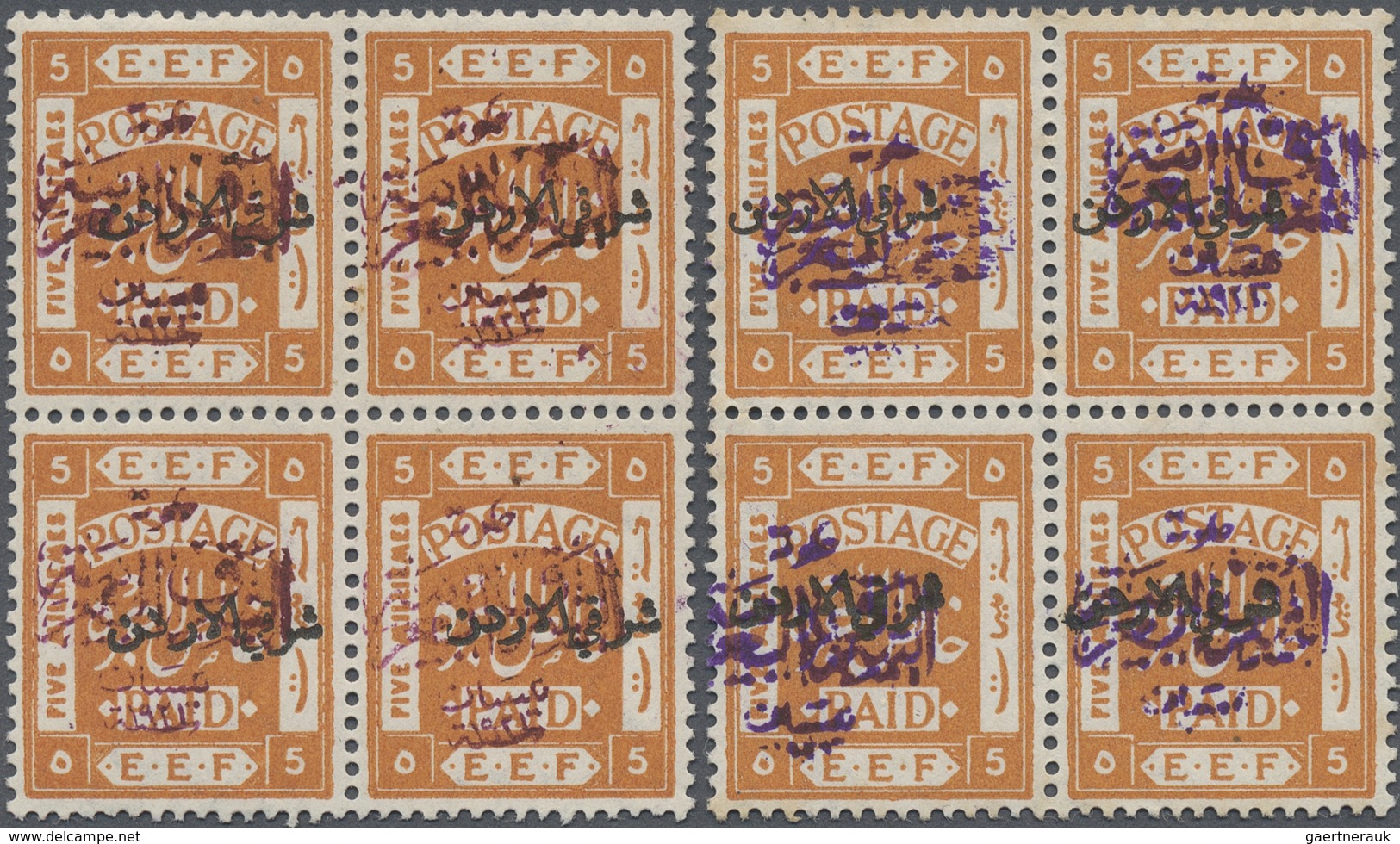 **/* Jordanien: 1922, 5 M. Orange Two Blocks Of Four Showing Overprints In Red And Violet, Both Mint Hing - Jordan