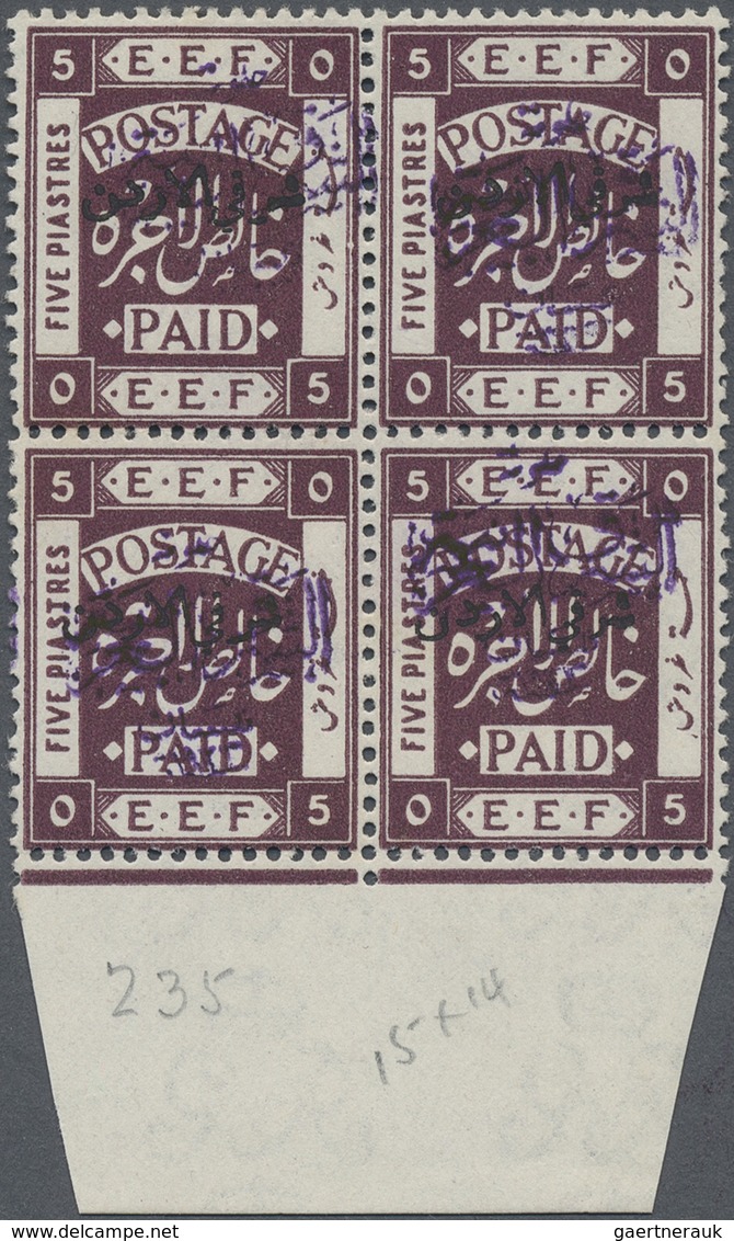 * Jordanien: 1922, 5 P. Deep Violet Block Of Four Showing Overprint In Violet, Mint Hinged, Two Stamps - Jordan