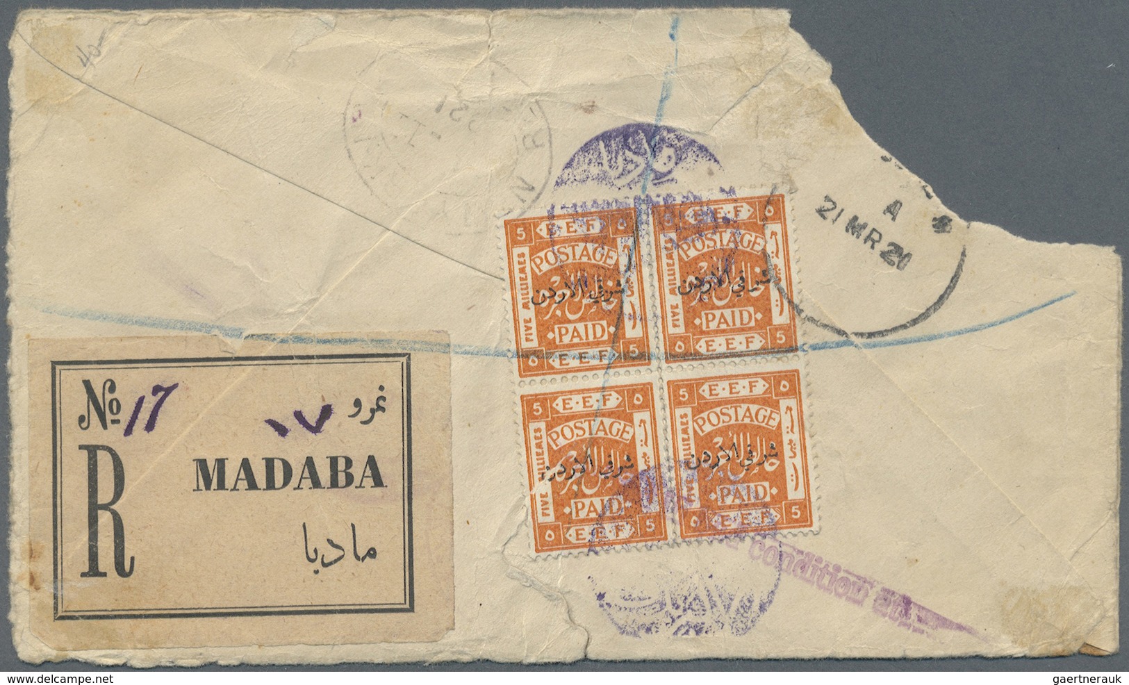 Br Jordanien: MADABA (type D1): 1925 (9.12.), Cut Down Cover Bearing Four Optd. Palestine Stamps Used W - Jordan