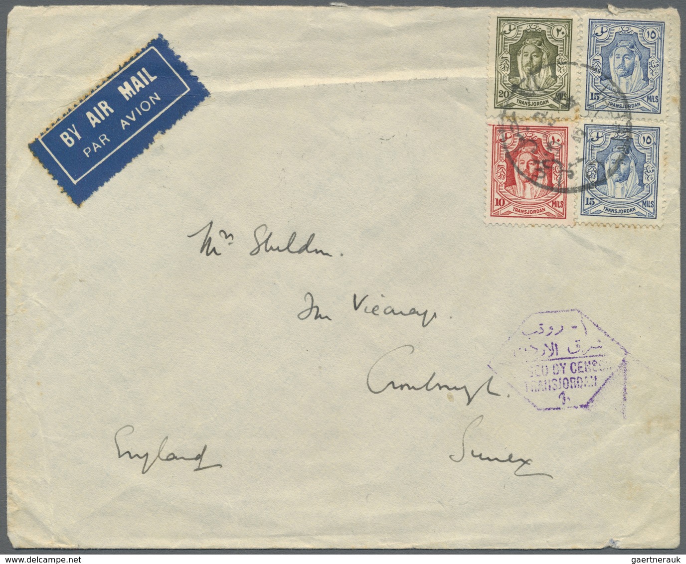 Br Jordanien: 1941. Air Mail Envelope Addressed To England Bearing SG 199, 10m Scarlet, SG 200, 15m Blu - Jordanië