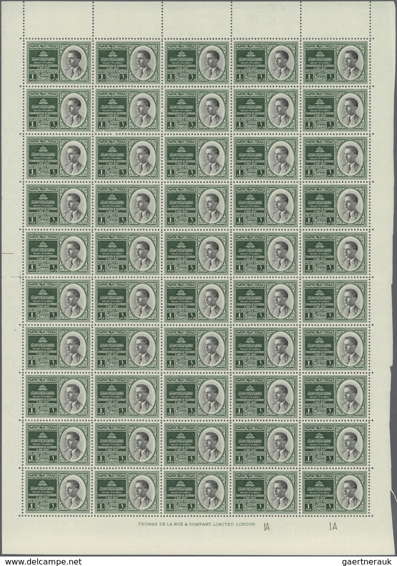 ** Jordanien: 1953, Accession To The Throne, 1f. And 4f., Two Values Each As (folded) Sheet Of 50 Stamp - Jordanie