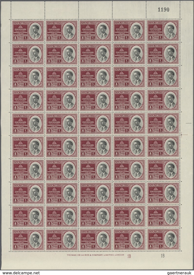 ** Jordanien: 1953, Accession To The Throne, 1f. And 4f., Two Values Each As (folded) Sheet Of 50 Stamp - Jordanië