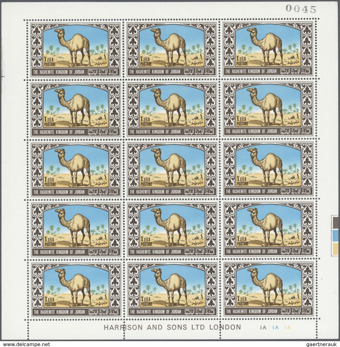 ** Jordanien: 1967, Animals, Perforated, Complete Set Of Six Values As Sheets Of 15 Stamps With Printer - Jordanië